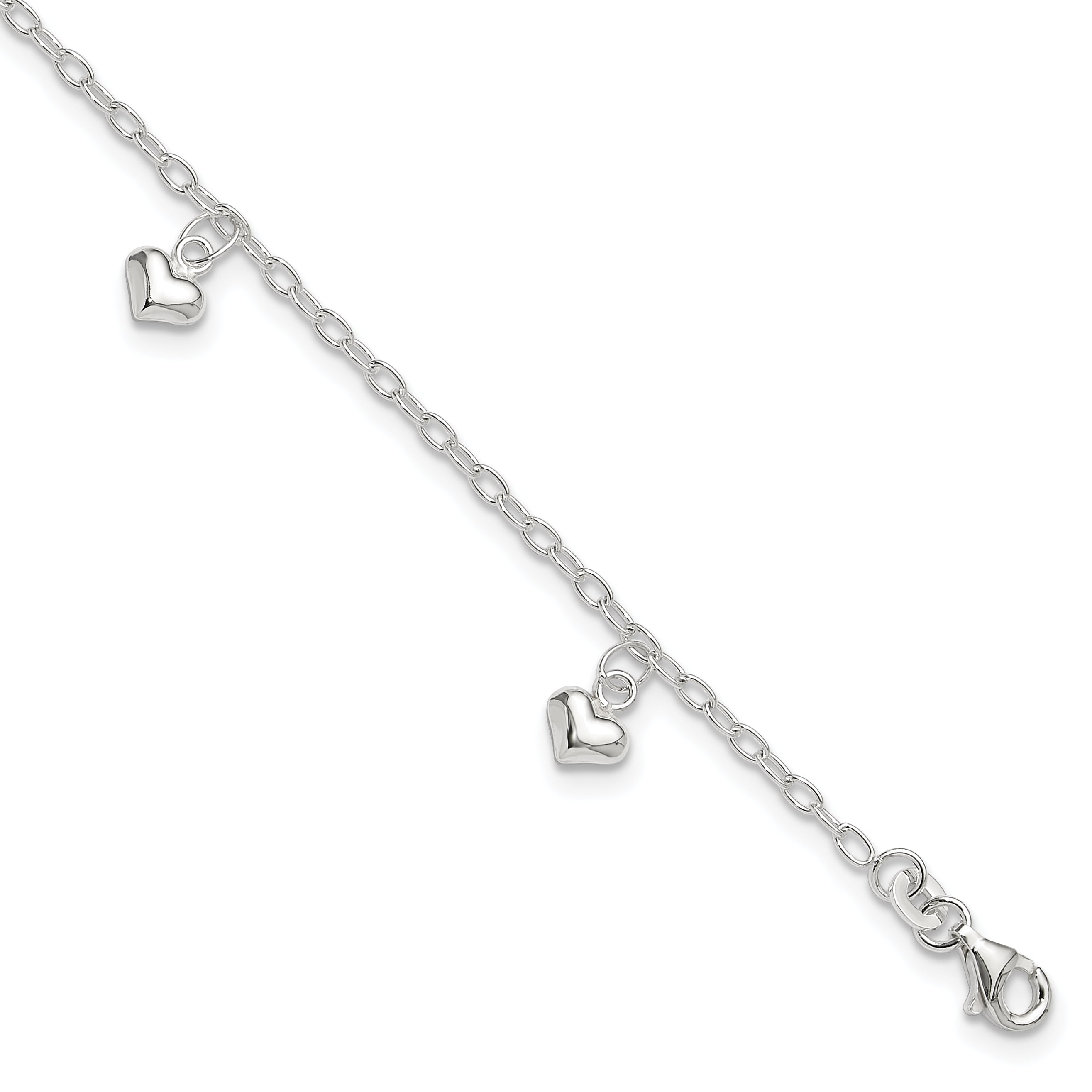 Sterling Silver Puffed Heart Charms 9 inch Plus 1 inch Extender - Total 10 inch Anklet