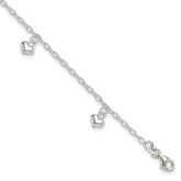 Sterling Silver Puffed Heart Charms 9 inch Plus 1 inch Extender - Total 10 inch Anklet