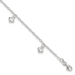 Sterling Silver Puffed Heart Charms 9 inch Plus 1 inch Extender - Total 10 inch Anklet