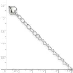 Sterling Silver Puffed Heart Dangle 9 inch Plus 1 inch Extender - Total 10 inch Anklet