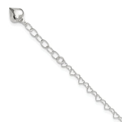 Sterling Silver Puffed Heart Dangle 9 inch Plus 1 inch Extender - Total 10 inch Anklet
