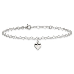 Sterling Silver Puffed Heart Charm 9 inch Plus 1 inch Extender - Total 10 inch Anklet