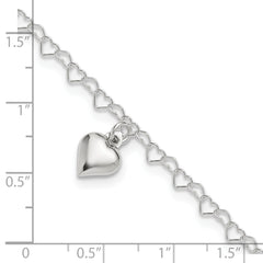 Sterling Silver Puffed Heart Charm 9 inch Plus 1 inch Extender - Total 10 inch Anklet