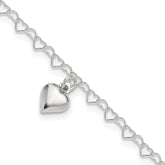 Sterling Silver Puffed Heart Charm 9 inch Plus 1 inch Extender - Total 10 inch Anklet