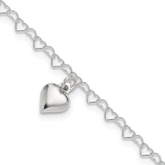 Sterling Silver Puffed Heart Charm 9 inch Plus 1 inch Extender - Total 10 inch Anklet