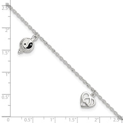 Sterling Silver Heart/YinYang/Peace Sign 8 inch Plus 1 inch Extender - Total 9 inch Anklet