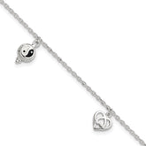 Sterling Silver Heart/YinYang/Peace Sign 8 inch Plus 1 inch Extender - Total 9 inch Anklet