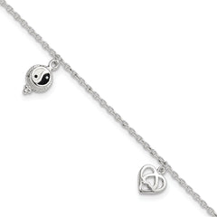 Sterling Silver Heart/YinYang/Peace Sign 8 inch Plus 1 inch Extender - Total 9 inch Anklet
