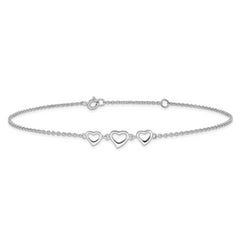 Sterling Silver Rhodium-plated Three Hearts 10 inch Plus 1 inch Extender - Total 11 inch Anklet