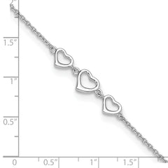 Sterling Silver Rhodium-plated Three Hearts 10 inch Plus 1 inch Extender - Total 11 inch Anklet