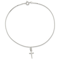 Sterling Silver 10 in Solid Polished Cross on Box Chain Anklet