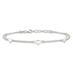 Sterling Silver Hearts 5-Station 9 inch Plus 1 inch Extender - Total 10 inch Anklet