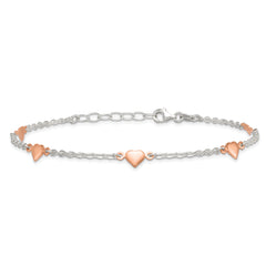 Sterling Silver Rose-tone Hearts 5-Station 9 inch Plus 1 inch Extender Anklet - Total 10 inch Anklet