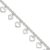 Sterling Silver Heart Charms 8 inch Plus 1 inch Extender - Total 9 inch Anklet