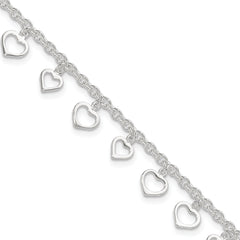 Sterling Silver Heart Charms 8 inch Plus 1 inch Extender - Total 9 inch Anklet