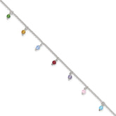 Sterling Silver Multi-colored Beads 9 inch Plus 1 inch Extender - Total 10 inch Anklet