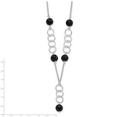Sterling Silver Polished & Textured Black Bead Drop Necklace