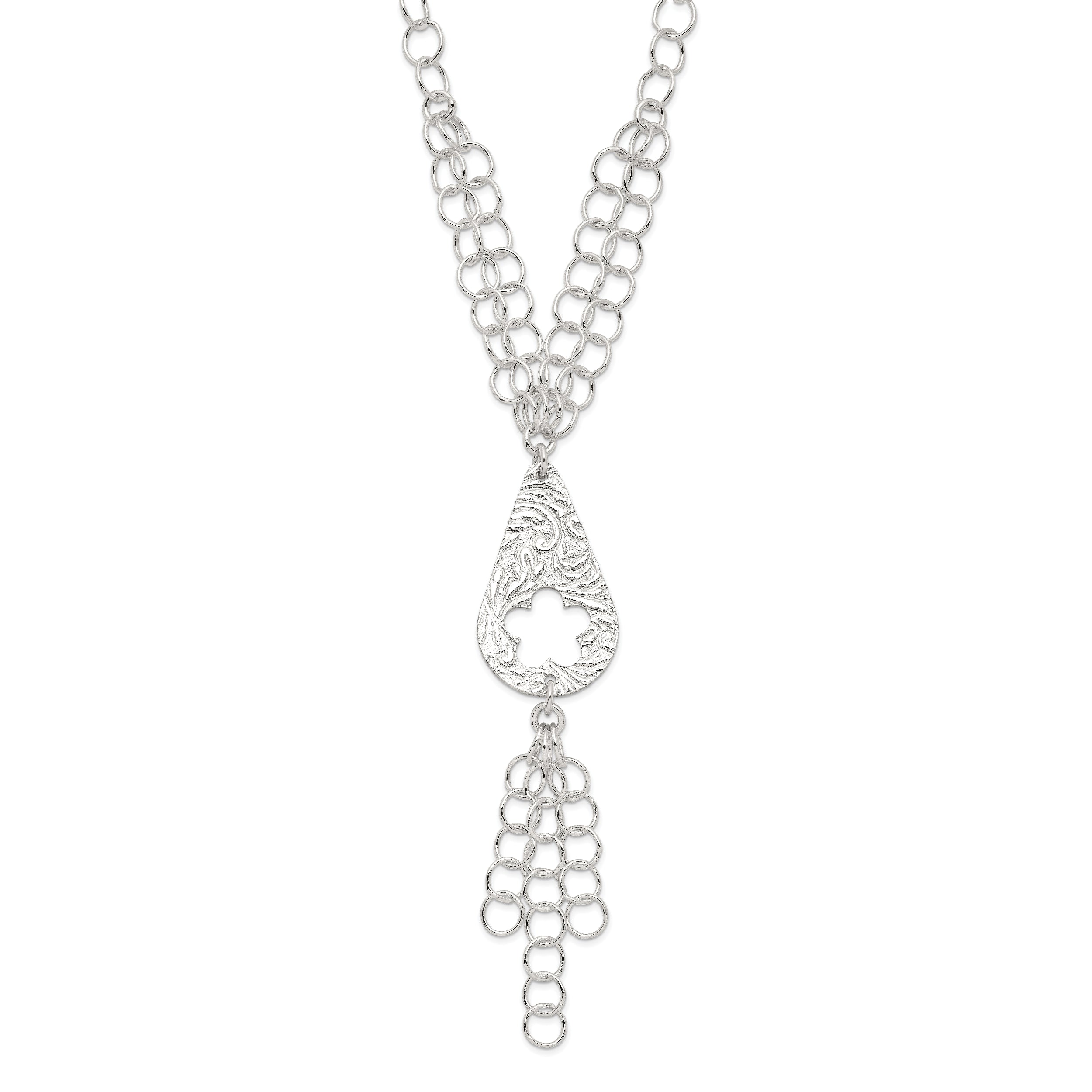 Sterling Silver Polished & Textured Floral Teardrop Necklace
