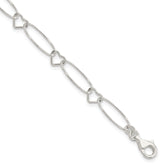 Sterling Silver Oval Link With Hearts Bracelet
