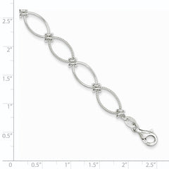 Sterling Silver Polished Textured Fancy Oval Link Bracelet