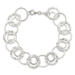 Sterling Silver Polished Textured Fancy Circle Link Bracelet