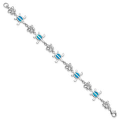 Sterling Silver Rhodium-plated Polished 7 inch Created Blue Opal Tortoise with Flower Bracelet