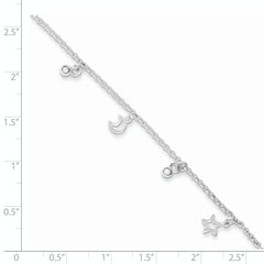 Sterling Silver Star and Moon 9 inch Plus 1 inch Extender - Total 10 inch Anklet