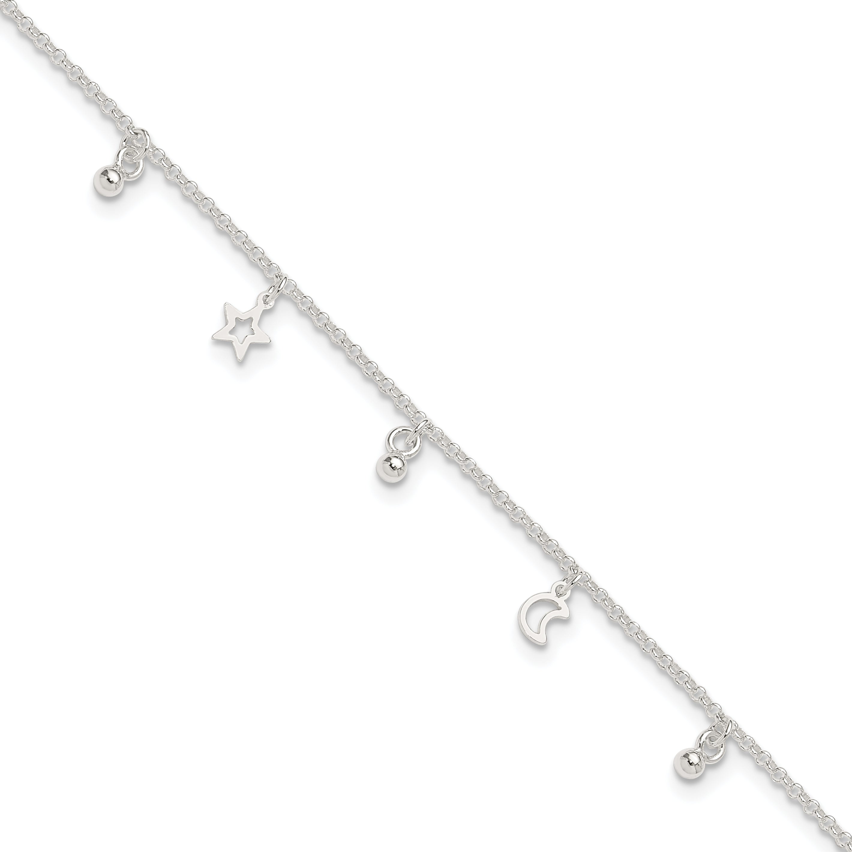 Sterling Silver Star and Moon 9 inch Plus 1 inch Extender - Total 10 inch Anklet