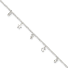 Sterling Silver Star and Moon 9 inch Plus 1 inch Extender - Total 10 inch Anklet