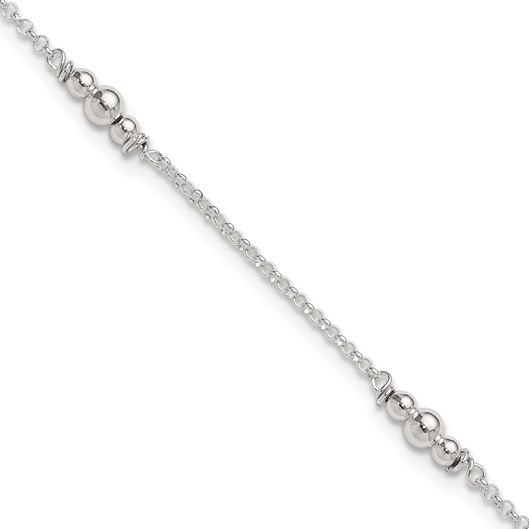 Sterling Silver Beaded 5-Station 9 inch Plus 1 inch Extender - Total 10 inch Anklet