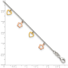 Sterling Silver Gold-tone Hearts and Rose-tone Flowers 9 inch Plus 1 inch Extender - Total 10 inch Anklet