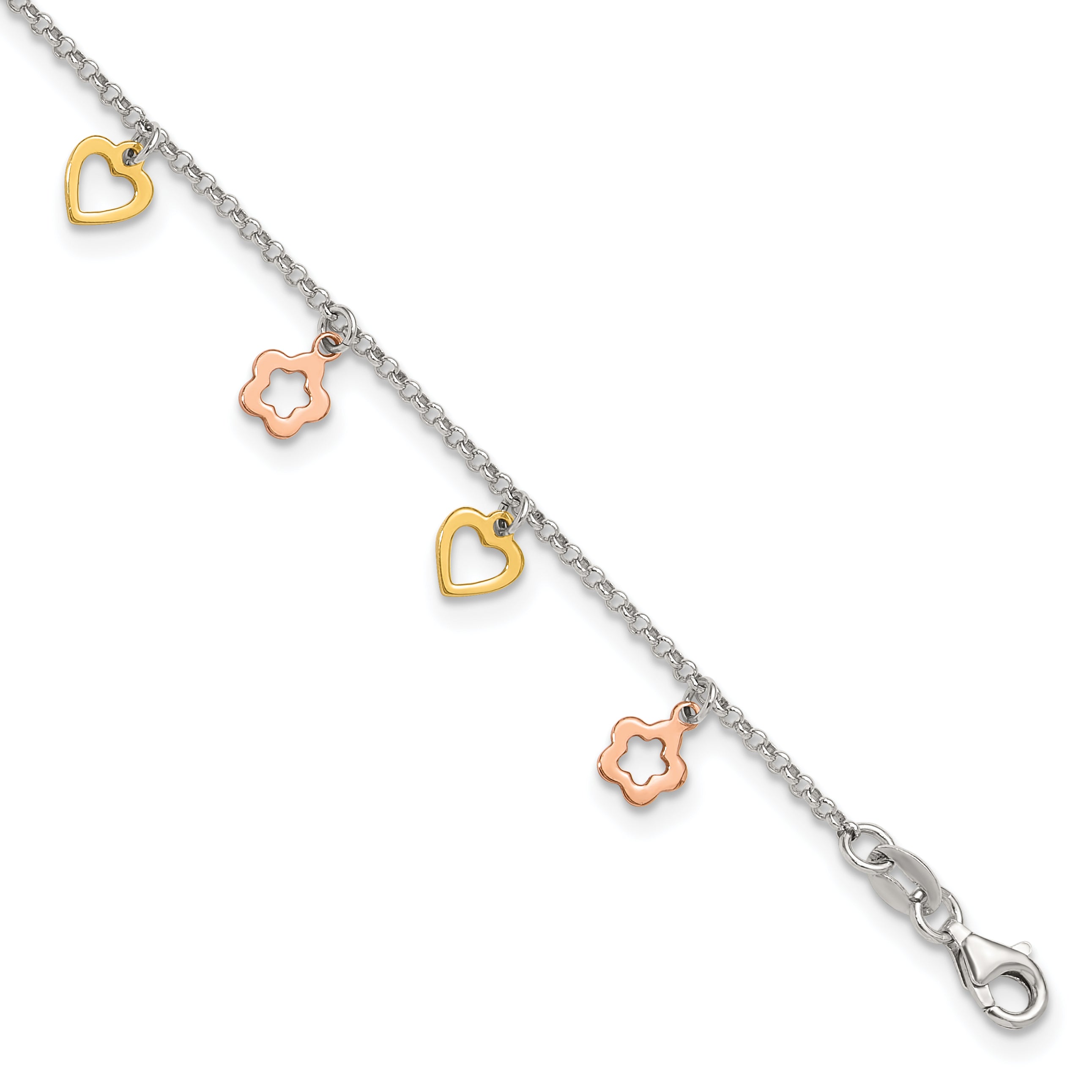Sterling Silver Gold-tone Hearts and Rose-tone Flowers 9 inch Plus 1 inch Extender - Total 10 inch Anklet