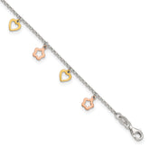 Sterling Silver Gold-tone Hearts and Rose-tone Flowers 9 inch Plus 1 inch Extender - Total 10 inch Anklet