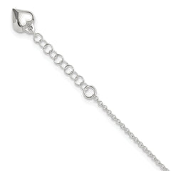 Sterling Silver Puffed Heart Dangle 9 inch Plus 1 inch Extender - Total 10 inch Anklet