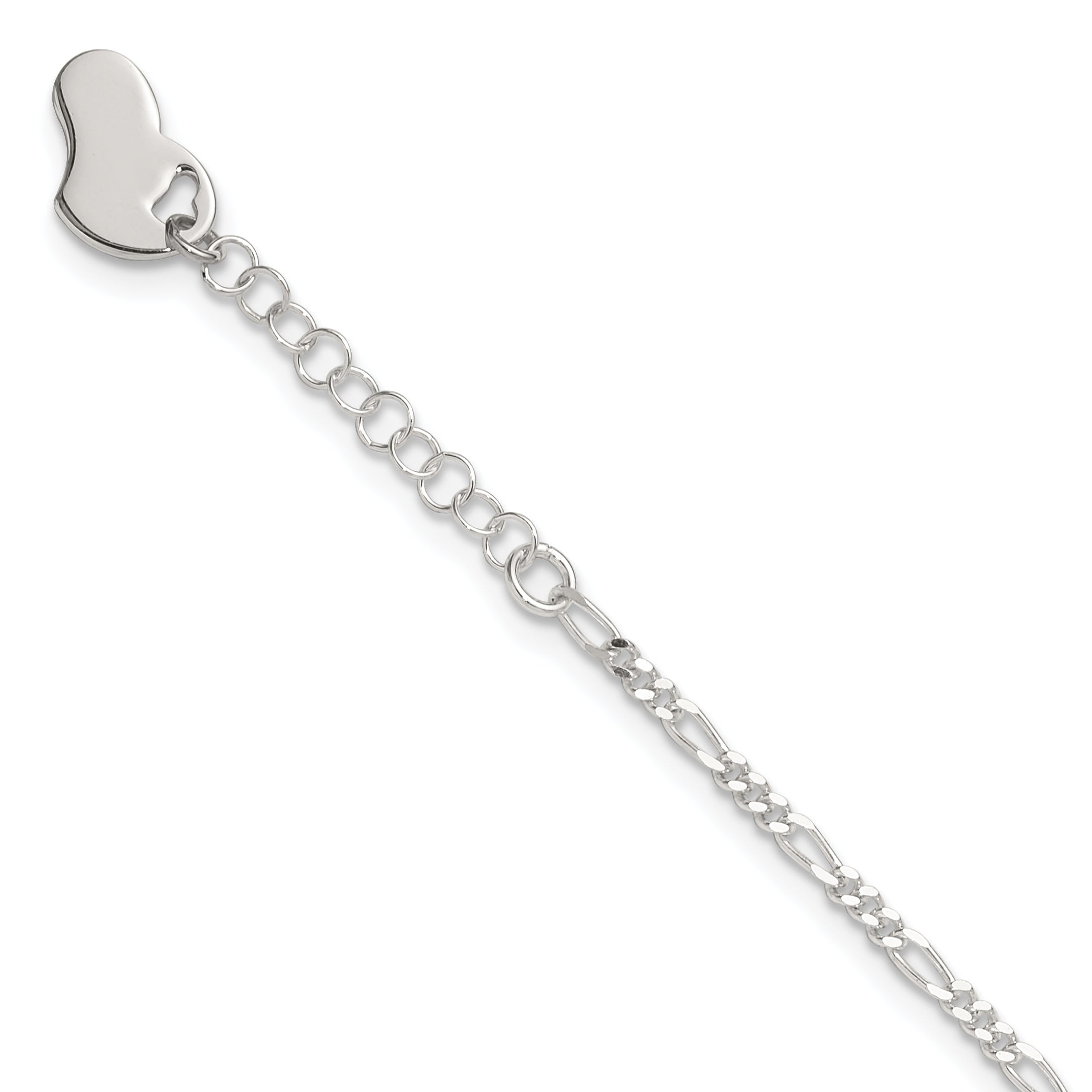 Sterling Silver Figaro with Heart Dangle 9 inch Plus 1 inch Extender - Total 10 inch Anklet