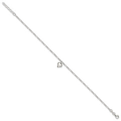 Sterling Silver Figaro Chain with Heart Charm 9 inch Plus 1 inch Extender - Total 10 inch Anklet