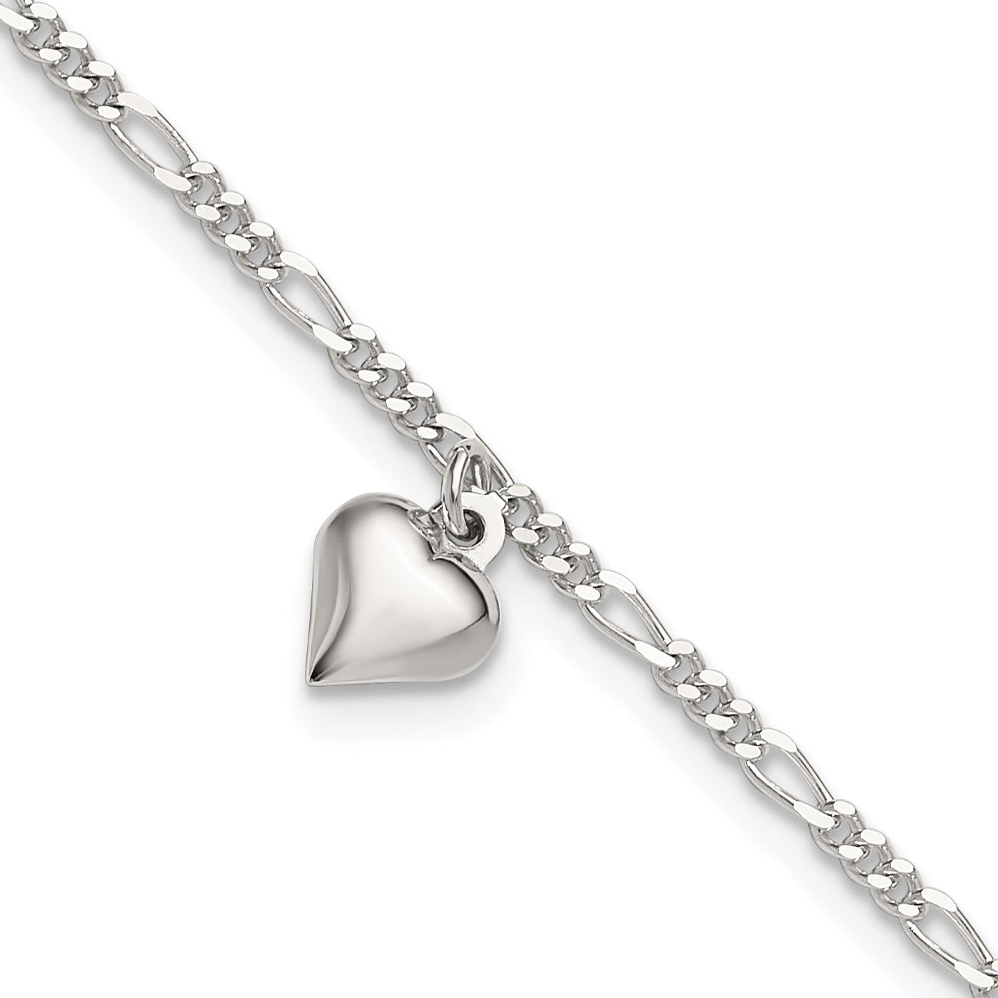 Sterling Silver Figaro Chain with Heart Charm 9 inch Plus 1 inch Extender - Total 10 inch Anklet