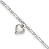 Sterling Silver Figaro Chain with Heart Charm 9 inch Plus 1 inch Extender - Total 10 inch Anklet