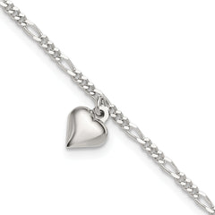 Sterling Silver Figaro Chain with Heart Charm 9 inch Plus 1 inch Extender - Total 10 inch Anklet