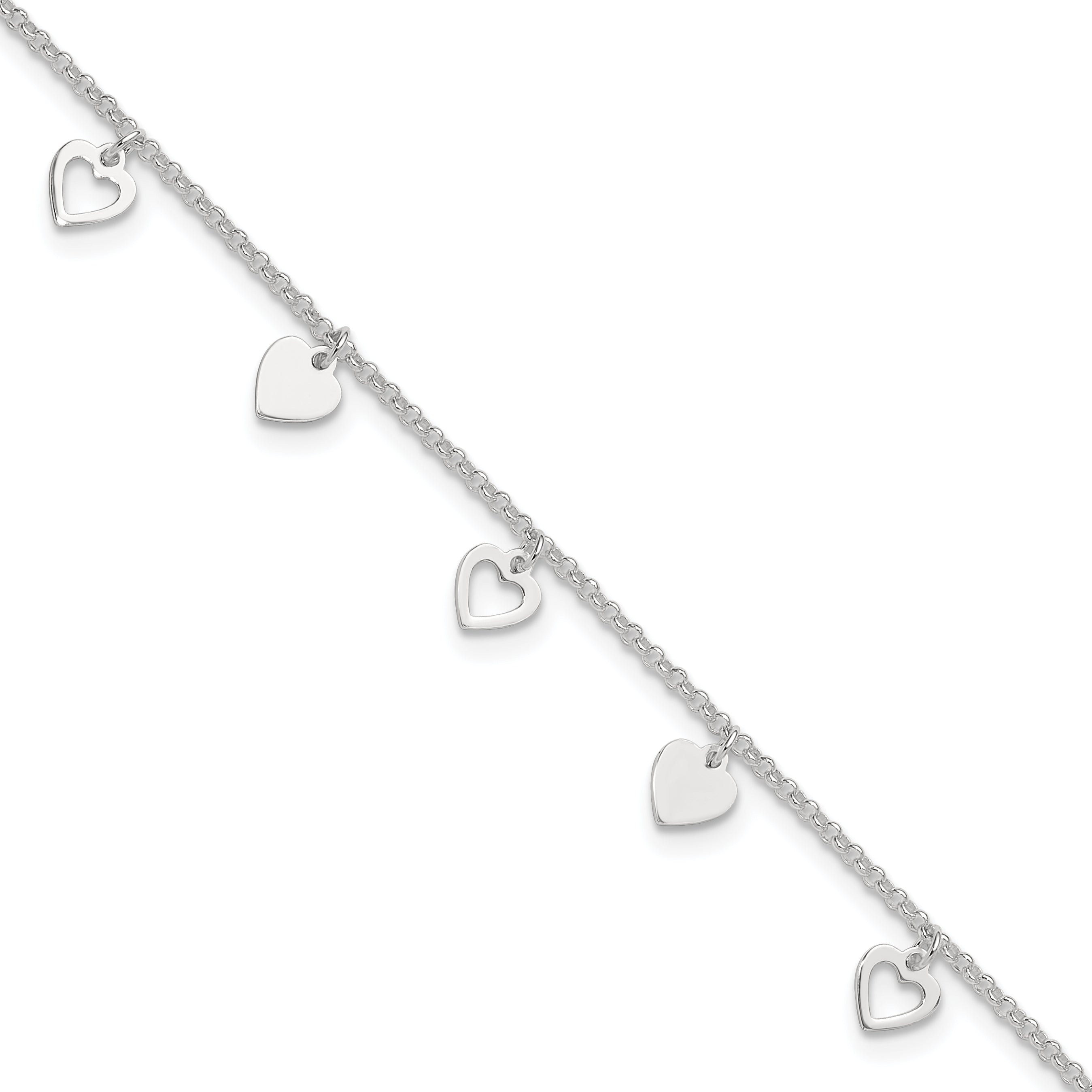 Sterling Silver Heart Charms 9 inch Plus 1 inch Extender - Total 10 inch Anklet