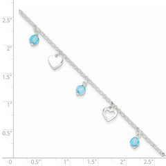 Sterling Silver Blue Glass Beads and Hearts 9 inch Plus 1 inch Extender - Total 10 inch Anklet