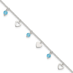 Sterling Silver Blue Glass Beads and Hearts 9 inch Plus 1 inch Extender - Total 10 inch Anklet