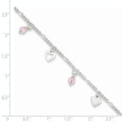 Sterling Silver Pink Glass Beads and Hearts 9 inch Plus 1 inch Extender - Total 10 inch Anklet