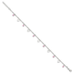 Sterling Silver Pink Glass Beads and Hearts 9 inch Plus 1 inch Extender - Total 10 inch Anklet