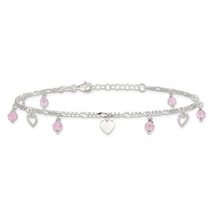 Sterling Silver Pink Glass Beads and Hearts 9 inch Plus 1 inch Extender - Total 10 inch Anklet
