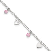 Sterling Silver Pink Glass Beads and Hearts 9 inch Plus 1 inch Extender - Total 10 inch Anklet