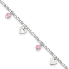 Sterling Silver Pink Glass Beads and Hearts 9 inch Plus 1 inch Extender - Total 10 inch Anklet