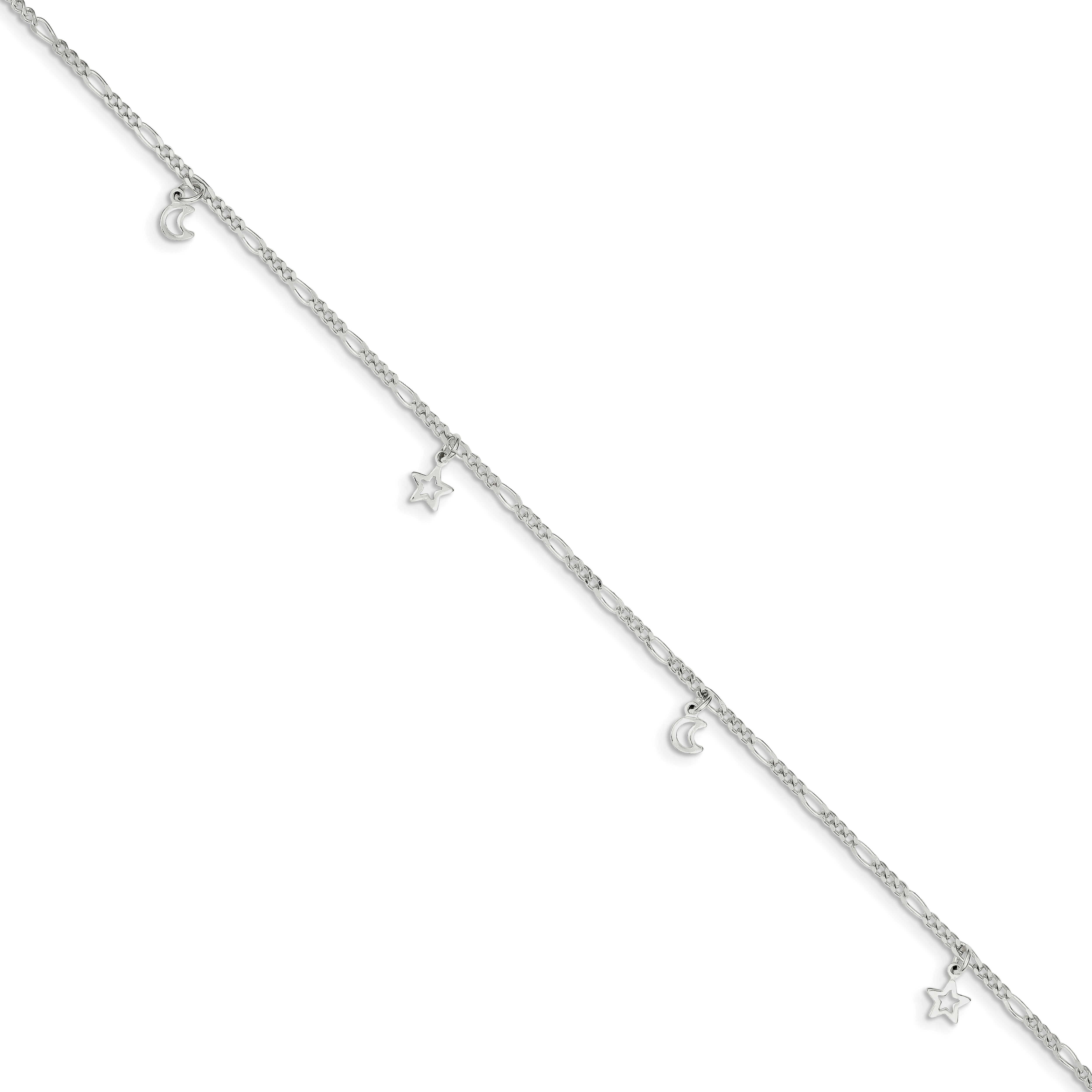 Sterling Silver Star and Moon 9 inch Plus 1 inch Extender - Total 10 inch Anklet