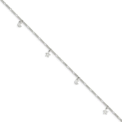 Sterling Silver Star and Moon 9 inch Plus 1 inch Extender - Total 10 inch Anklet