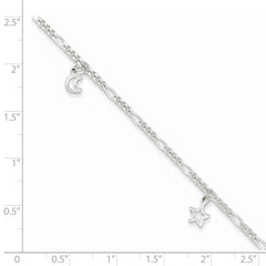 Sterling Silver Star and Moon 9 inch Plus 1 inch Extender - Total 10 inch Anklet